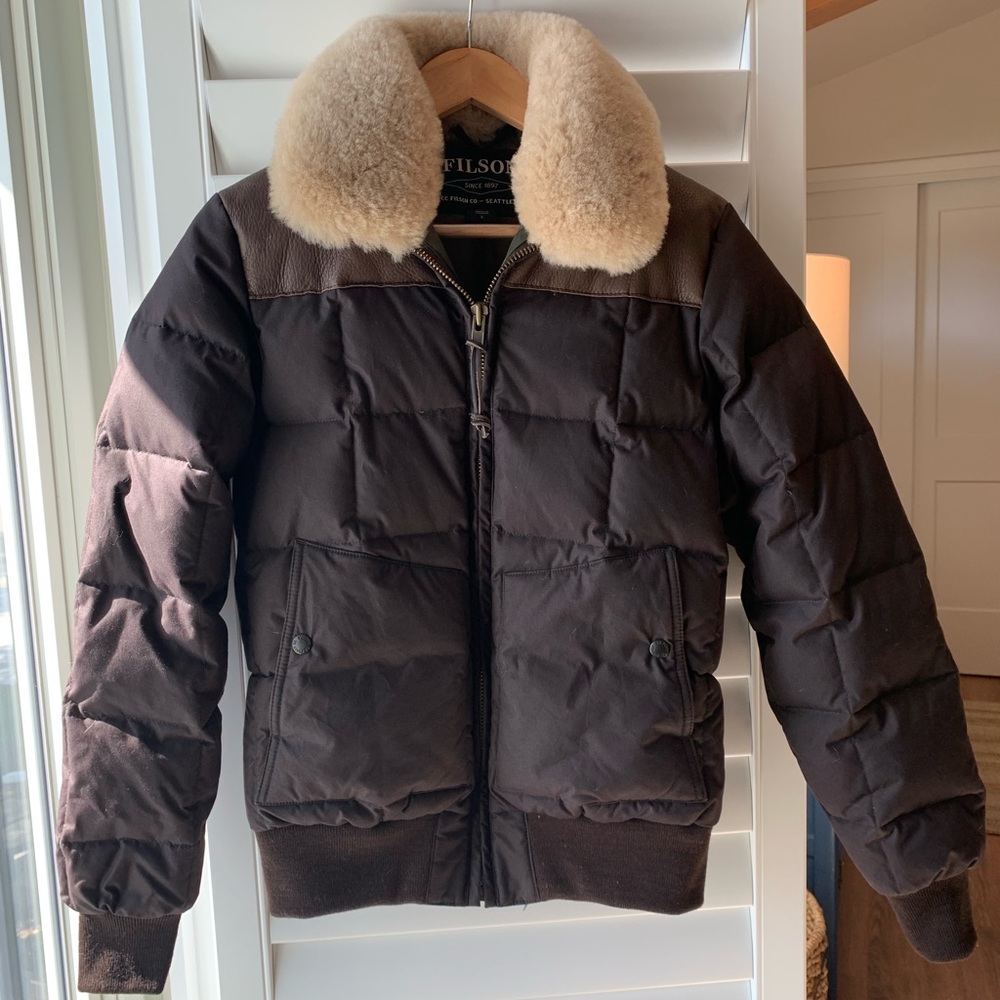 Filson Bomber Jacket with leather & fur. Small.